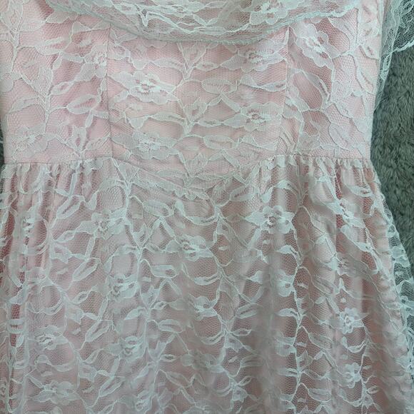 Vintage 80s Pale Pink Lace Off Shoulder Full Skirt Prom Dress Prairie Cottage - Picture 9 of 14